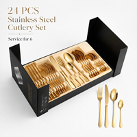 Ensemble de couverts de luxe en acier inoxydable doré 24 pièces avec boîte cadeau pour hôtel, restaurant, mariage