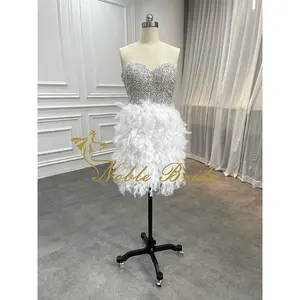 Wholesale Noble Bride Beaded Short Evening Party Dresses Prom Gowns Modest Evening Gown Dresses with Feathers