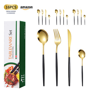 Juego de Cubiertos de Acero Inoxidable de 16 Piezas con Mango Dorado y Negro, Juego de Vajilla para Cocina y Comedor - Product Image 1