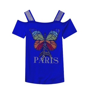 T-shirt a farfalla colorata per ragazze alla moda con strass di lusso da donna a manica corta <span class=keywords><strong>vestiti</strong></span> traspiranti con spalle scoperte - Product Image 5