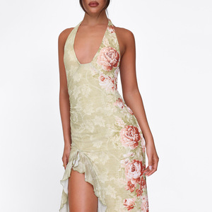 Robe longue imprimée à col halter pour femme, dos nu, fente haute, robe de soirée asymétrique - Product Image 2