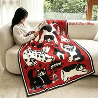Selimut Rajut Multi Cat Motif Merah Desain Menarik dan Menyenangkan Bolak-Balik Setengah Beludru untuk Sofa Tempat Tidur Rumah Grosir OEM