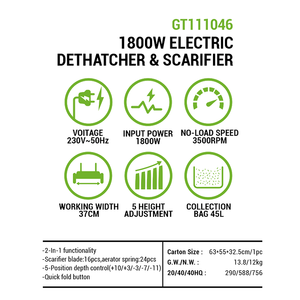 Vertak 1800W 2 en 1 <span class=keywords><strong>scarificateur</strong></span> électrique Dethatcher 370mm largeur poignée pliable aérateur de pelouse pour la maison pelouses jardin entretien - Product Image 3