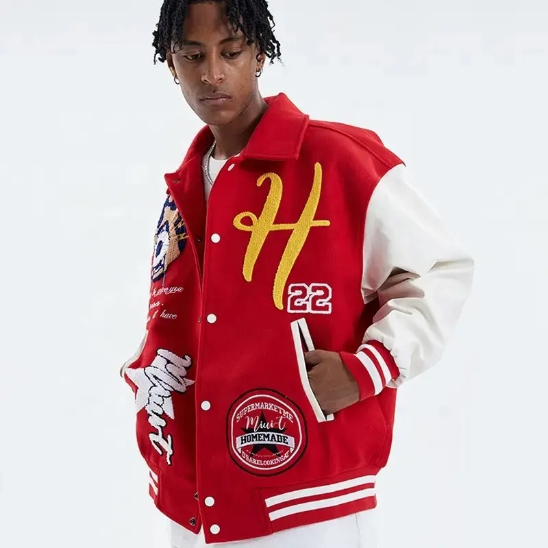 OEM personalizado de cuero de la manga recortada chaqueta cadena Chenille bordado Vintage Letterman Varsity chaqueta para los hombres