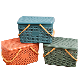 Grande capacità di plastica cesto a mano con coperchio forma rettangolare per cucina e bagno articoli vari di stoccaggio - Product Image 3