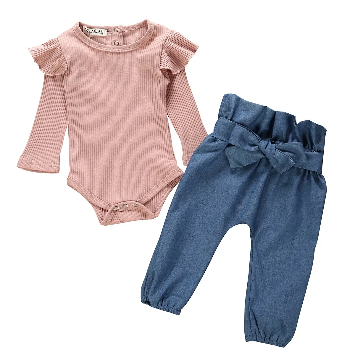 Setelan Pakaian Bayi, 2Pcs Lengan Panjang Baju Monyet Jeans Setelan Bayi untuk 1/2/3/4 Tahun