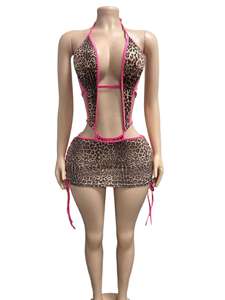2026 Women Leopard Printed 2 Piece Set Halter Bodysuit Tops + Side Lace up Mini Skirt Night <strong>Club</strong> <strong>Sexy</strong> Wear <strong>Outfits</strong> - Product Image 4