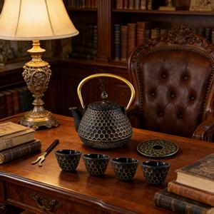 Set Teiera Retrò in Ghisa Nera <span class=keywords><strong>e</strong></span> Oro, Set Decorativo con Sottobicchiere <span class=keywords><strong>e</strong></span> <span class=keywords><strong>Tazze</strong></span> da Tè <span class=keywords><strong>per</strong></span> Casa, Cucina <span class=keywords><strong>e</strong></span> Sala da Tè - Product Image 6