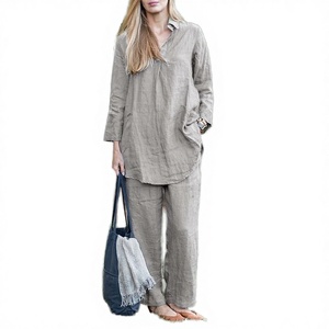ชุดผ้าลินินผู้หญิงสไตล์เรโทรสุดหรู ประกอบด้วยเสื้อคาร์ดิแกนแขนยาวคอวีสีพื้นแบบสวมใส่สบาย ระบายอากาศได้ดี และกางเกงขายาวทรงหลวม - Product Image 2