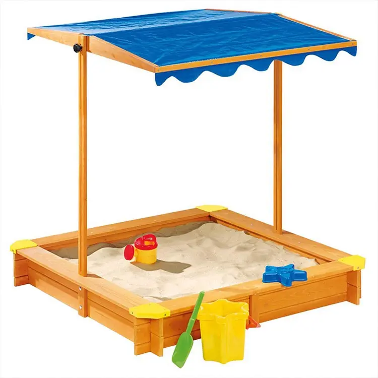 Unisex ahşap oyun alanı Sandpit oyun ekipmanları ile gölgelik çatı çocuklar için açık Sandbox bahçe kum havuzu seti anaokulu