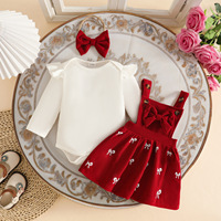 Ensemble de vêtements 3 pièces pour bébé fille, automne-hiver, body à manches longues à volants, jupe à bretelles imprimée nœud, bandeau, tenue pour 0 à 2 ans