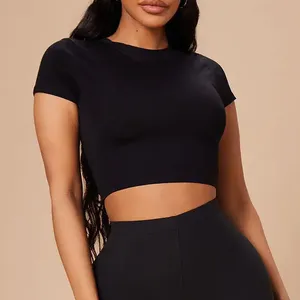 T-shirts tube en maille sexy pour femmes, vente en gros, crop tops personnalisés avec logo, décorations boutonnées en diamant, crop tops côtelés noirs à imprimé uni - Product Image 2