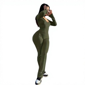 Women High Waist Long Sleeve Polo Collar Solid Color Skinny Full Length Yoga Casual <b>Jumpsuit</b> Stretchy Spandex Polyester Zipper - Product Image 2