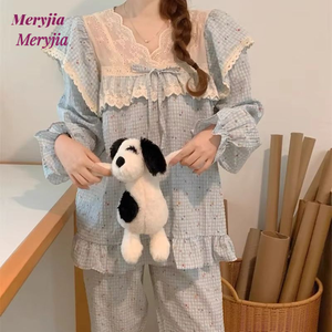 2025 Meryjia versione coreana pigiama con rifinitura in pizzo a scacchi floreali dolce tinta unita stile corte camicie da <span class=keywords><strong>notte</strong></span> arruffate a maniche lunghe per - Product Image 1