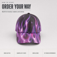 Casquette de baseball personnalisée Highfly avec logo imprimé, motif flamme, style Dad Hat, OEM ODM, 100% polyester, faible MOQ, casquettes de sport en gros