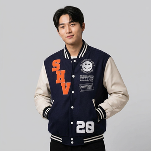 <b>Men's</b> Black <b>White</b> Genuine Leather Shell Windproof Winter Varsity <b>Jacket</b> 220g Cotton Lining Embroidery Single Button Closure - Product Image 1