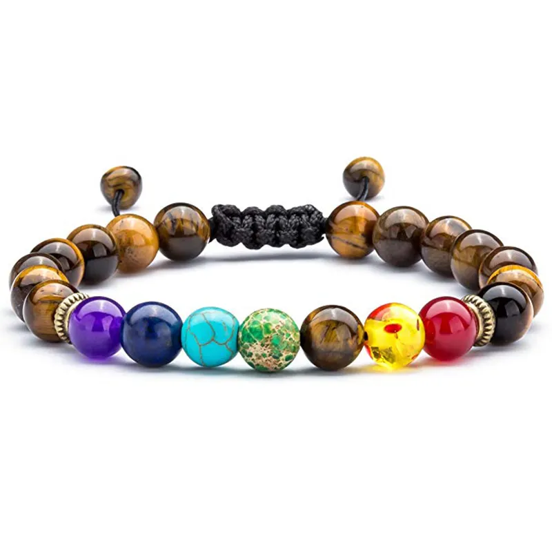 7 Chakra Handmade Macrame Braided Jewelry Prayer 8mm Turquoise Tiger Eye Bead Thread Beads Mens Accessories Bracelet