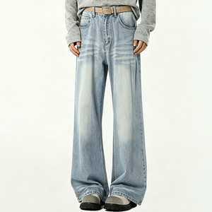กางเกงยีนส์ทรงหลวมสไตล์ Y2K สีฟ้าอ่อนฟอกสี แต่งลายขาดๆ ทรงขาบาน ดีไซน์ใหม่ ขายดี - Product Image 2