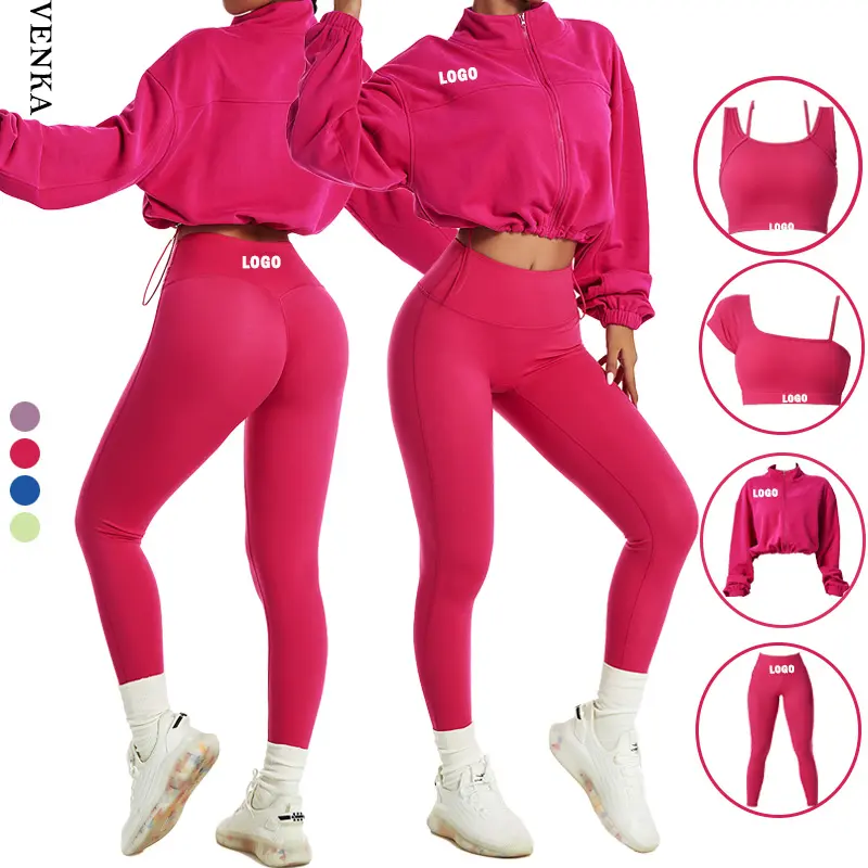 Traje de invierno con logotipo personalizado para mujer, ropa deportiva transpirable a prueba de viento, sujetador de manga corta individual, Leggings y chaquetas con cremallera, conjunto de 4 Uds.