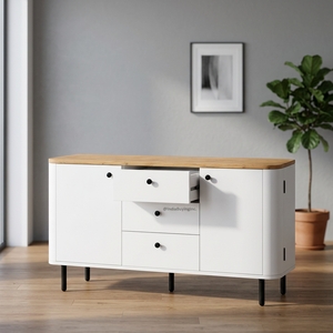 Aparador de Madera de Mango Maciza Hecho a Mano para Sala de Estar con 3 Cajones y 2 Puertas |   Mueble de Almacenamiento Moderno de Mediados de Siglo - Product Image 1