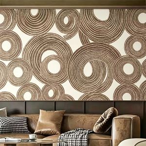 Mural de Pared Rectangular de Terciopelo y Satén <span class=keywords><strong>con</strong></span> Diseño de Círculos Concéntricos Texturizados en Tono Marrón, Estilo Lujoso y Moderno, Patrón de Anillos Dibujado a Mano para Sala de Estar - Product Image 4