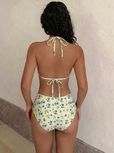 Top Selling European American <b>Yellow</b> Base Floral Print Two Piece <b>Bikini</b> Back Tie Triangle Cup High Waist Women Swimwear - Product Image 5