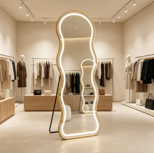 <span class=keywords><strong>Espejo</strong></span> de cuerpo entero ondulado con marco dorado y luz LED orgánica, de pie con soporte en forma de A para dormitorio, boutique, tienda, sala de exposiciones, venta al por mayor - Product Image 3