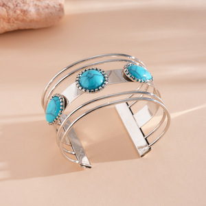 Bracelet ouvert multicouche en acier inoxydable avec pierre naturelle en forme de goutte d'eau, style ethnique vintage, bijou de luxe exagéré pour femme - Product Image 6
