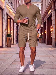 Vêtement pour hommes de style européen et américain, printemps et automne, haut à manches longues multi-boutons, décontracté, couleur unie, avec cordon de serrage - Product Image 5