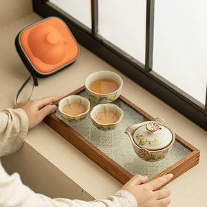 Juego de té portátil de cerámica Huang Ru Kiln Cat, una tetera y tres tazas, para uso en exteriores. - Product Image 2