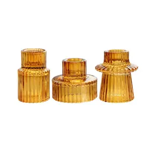 Set of 3 wedding decor amber glass tealight candle holder taper candlestick ribbed candle holder