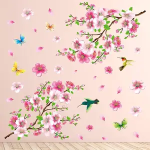 Adesivo de parede floral flor de cerejeira rosa flor de pêssego borboleta pássaros art déco galho de árvore flor decoração de parede papel quarto