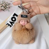 Poupée en peluche prête à être expédiée, adorable poupée endormie en vraie fourrure de renard, accessoire de pendentif pour téléphone portable et clé de voiture
