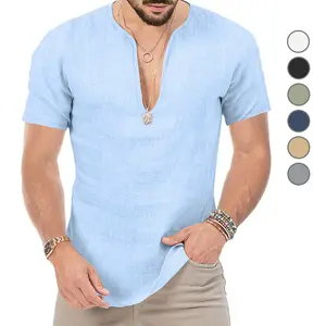 Cross-Border Hot Selling V-neck Short Sleeved Men's Casual Linen Slim Fit T-shirt Popular Men's Top Custom Wholesale