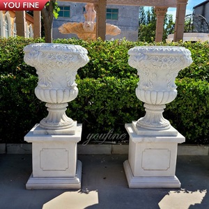 YOUFINE Paire de pots à fleurs en marbre <span class=keywords><strong>blanc</strong></span> sculptés à la main avec un relief floral, jardinière en pierre avec piédestal carré pour la décoration de la villa, du jardin ou de la porte - Product Image 2