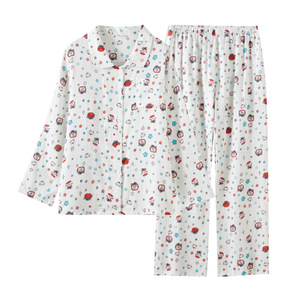 PJ-1474 Conjunto de pijama de manga larga con estampado de manzanas para mujer, ropa de casa de algodón, tela fina tejida - Product Image 5