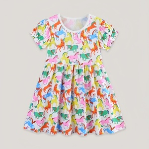 Vestito Casual Estivo per Bambine con Stampa di Cavalli Colorati, Maniche Corte, in Cotone, Linea ad A, per Uso Quotidiano di Bambini e Bimbi Piccoli - Product Image 2