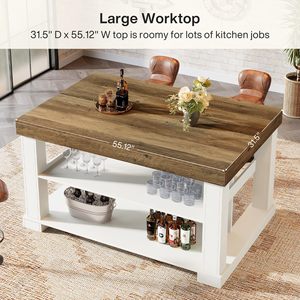 SENYU Wood Kitchen Island <b>Table</b> with Rustic Top and White Base, Multi-Functional Storage Shelf for Modern Kitchen - Product Image 5