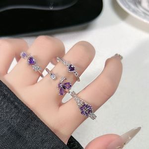 Vintage Purple Copper Cubic Zirconia Bohemian <b>Adjustable</b> <b>Ring</b> Sparkling Square Crystal Finger Band Dazzling Women's Engagement - Product Image 1