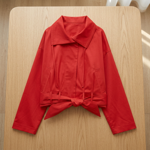 Red Asymmetrical Collar Crop <b>Coat</b> With Tie Front And Full Sleeves Minimalist Style Woven Outerwear <b>For</b> <b>Women</b> Autumn Wear - Product Image 3