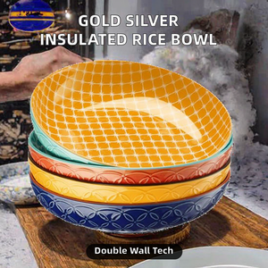 Bol de service en céramique doré et argenté à double paroi isolé anti-brûlure, résistant au four, avec couvercles - Product Image 4