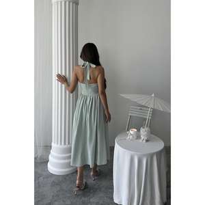 Vestido de Lino con Cuello Halter Color Menta, Corte en A, Cintura Natural, Transpirable, Ropa Casual - Product Image 1