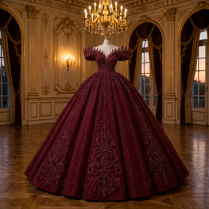 Robe de mariée en mousseline bordeaux, style vintage, épaules dénudées, ornée de perles, décolleté cœur, longueur ras du sol, fermeture éclair au dos - Product Image 3