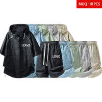 Shorts de sport amples pour hommes, 80 GSM, teints, à capuche, demi-zip, 2 pièces, séchage rapide, taille élastique, été, avec logo personnalisé par transfert thermique