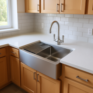 Évier de cuisine en acier inoxydable style ferme, 30x21x9 pouces, double bac, finition brossée, épaisseur 18 gauge - Product Image 2