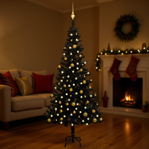 Árbol de Navidad artificial de PVC negro de 59.1 pulgadas preiluminado con luces blancas cálidas y juego de bolas doradas - Product Image 2