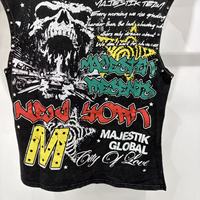Camiseta Gráfica de Streetwear Estadounidense con Estampado de Calavera Anime y Pedrería, Sin Mangas, de Marca de Diseñador, con Efecto Lavado, para Hombre, Majestik