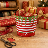 Pots en métal de Noël avec logo personnalisé, différents designs, impression de guirlandes de poinsettias, OEM, jardinière en étain galvanisé, utilisation domestique et de jardin, durable