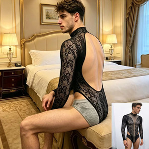 Hotnight Men's <b>Fishnet</b> <b>Long</b> <b>Sleeve</b> Bodycon Bodysuit See Through Hollow Knit Stretch <b>Top</b> Sexy Underwear Summer 2025 - Product Image 5