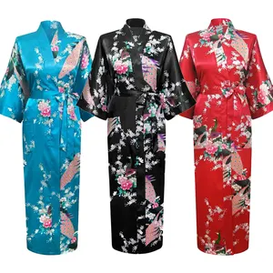 Длинная стильная свободная японская атласная Женская юката с павлином одежда для сна Восточное кимоно хаори китайская ночная рубашка халат